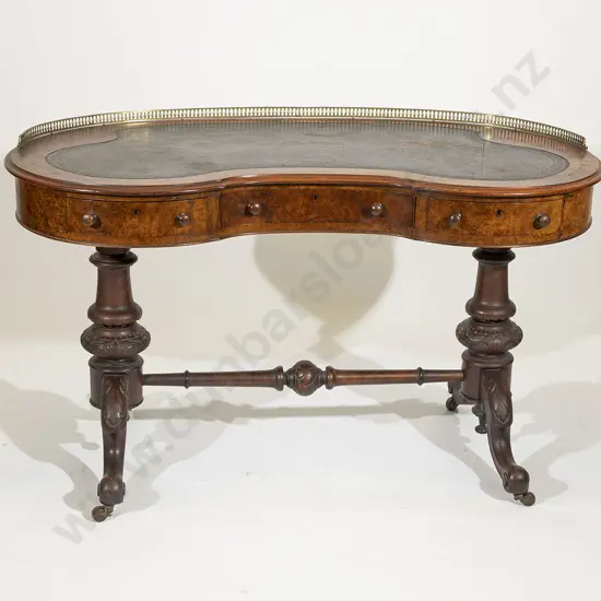 A Victorian Burr Walnut & Marquetry Kidney Shaped Writing Table