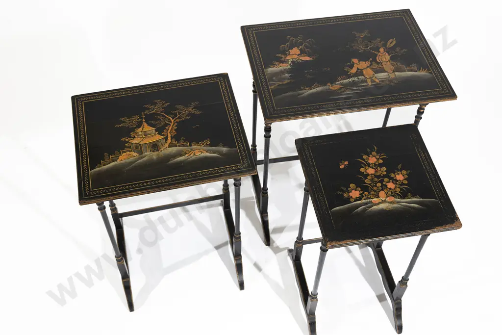 Maple & Co Black Lacquered Chinoisorie Nest of Tables Image 1++