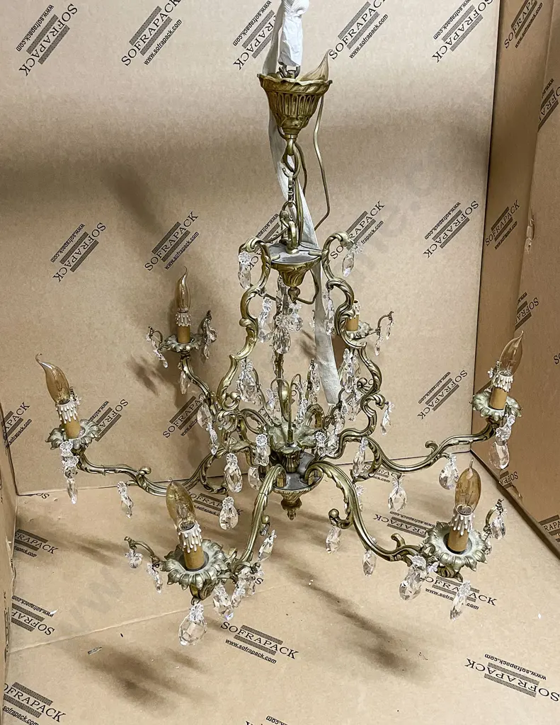 Large French Gilt Bronze & Crystal Drop Rococo Style Chandelier Image 1++