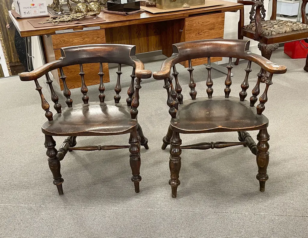 Pair Victorian Pine & Elm Smokers Bow Armchairs Image 1++