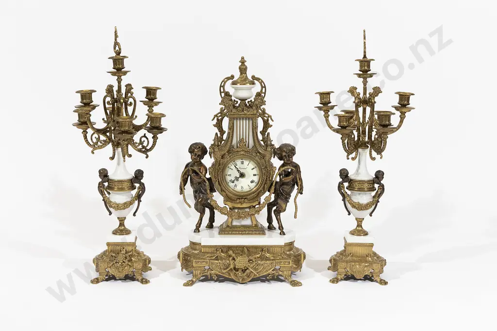 Ornate Italian Brass & Alabaster Clock Garniture Image 1++