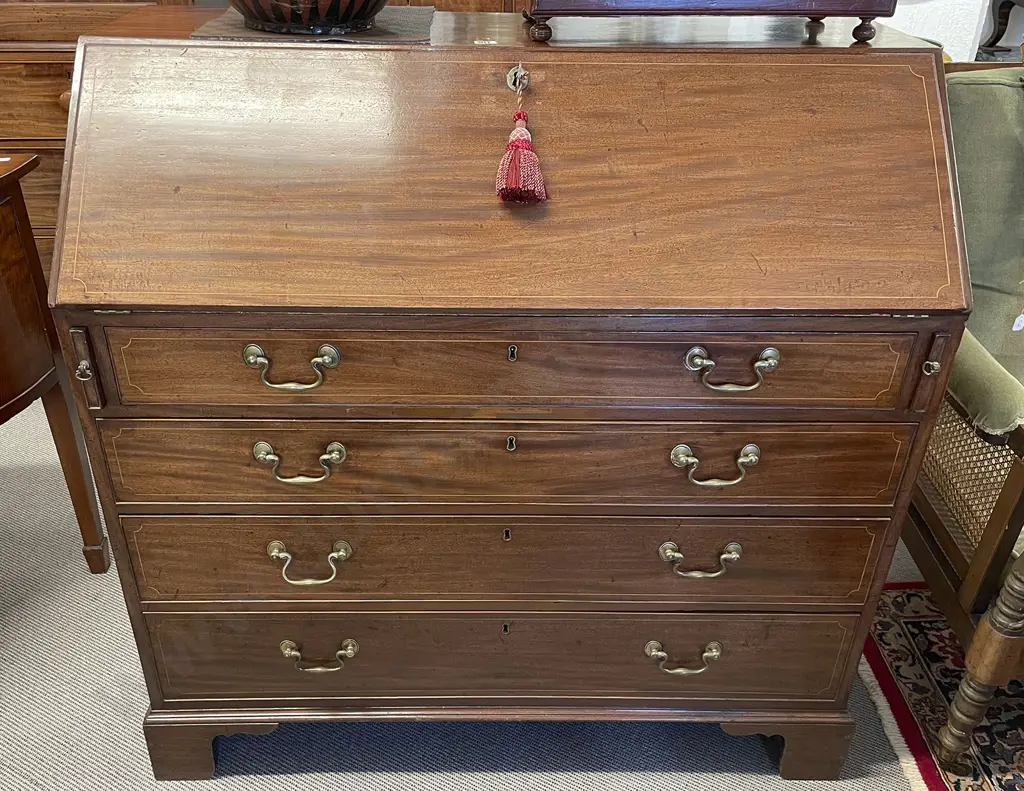Geo III Mahogany & Inlaid Bureau Image 1++
