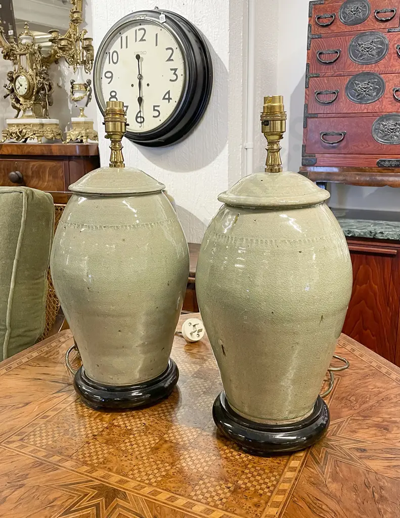 Pair of Celadon Glazed Table Lamps Image 1++