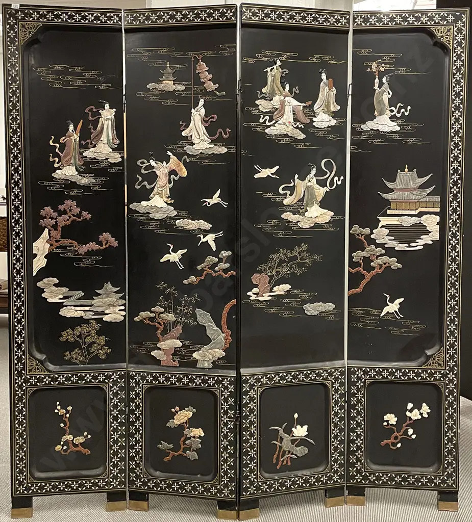 Japanese Black Lacquered Four Panel Dressing Screen Image 1++