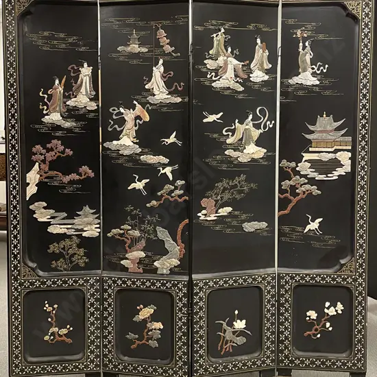 Japanese Black Lacquered Four Panel Dressing Screen