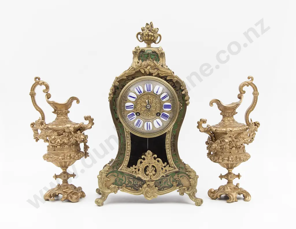 C19th French Green Tortoiseshell & Ormolu Boulle Mantel Clock Image 1++