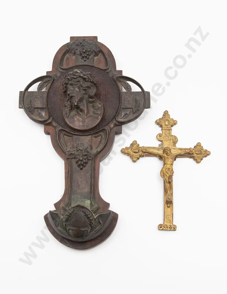 Antique Rosewood & Cast Bronze Cruciform Holy Water Font Image 1++