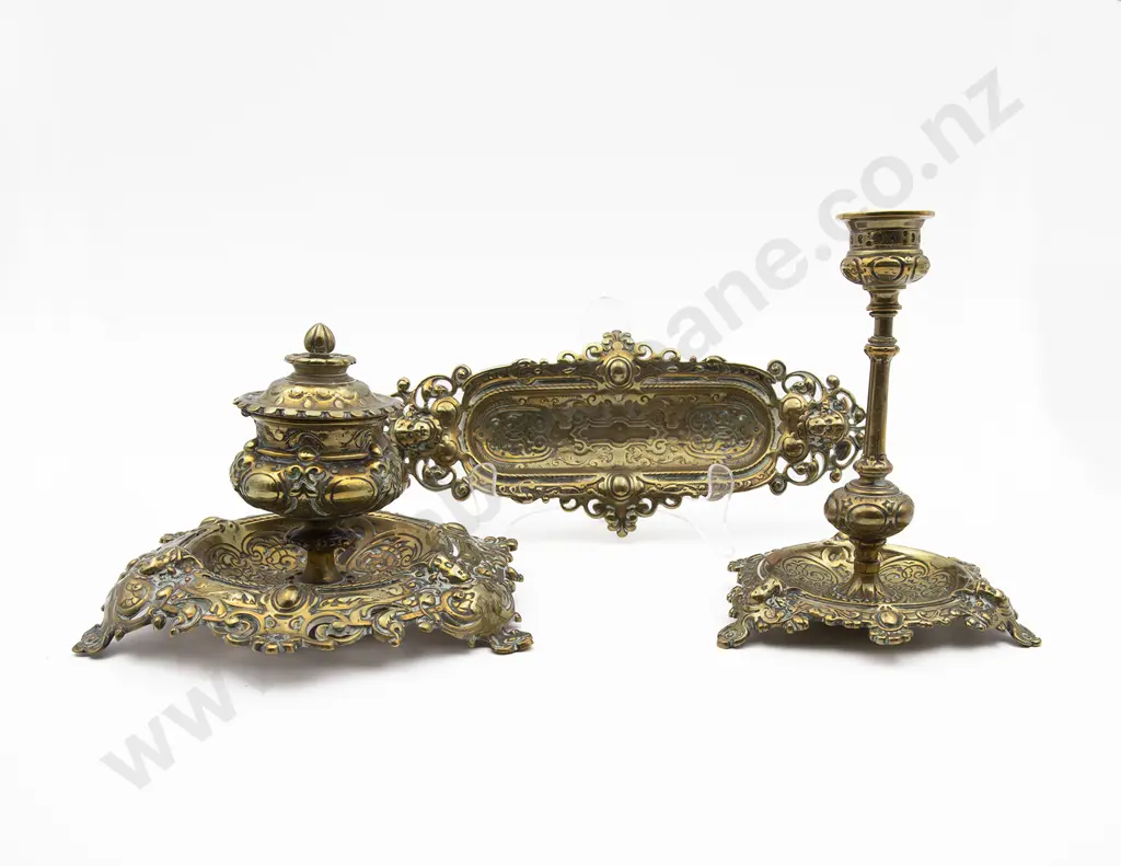 Vict Cast Brass 3pce Desk Set Image 1++