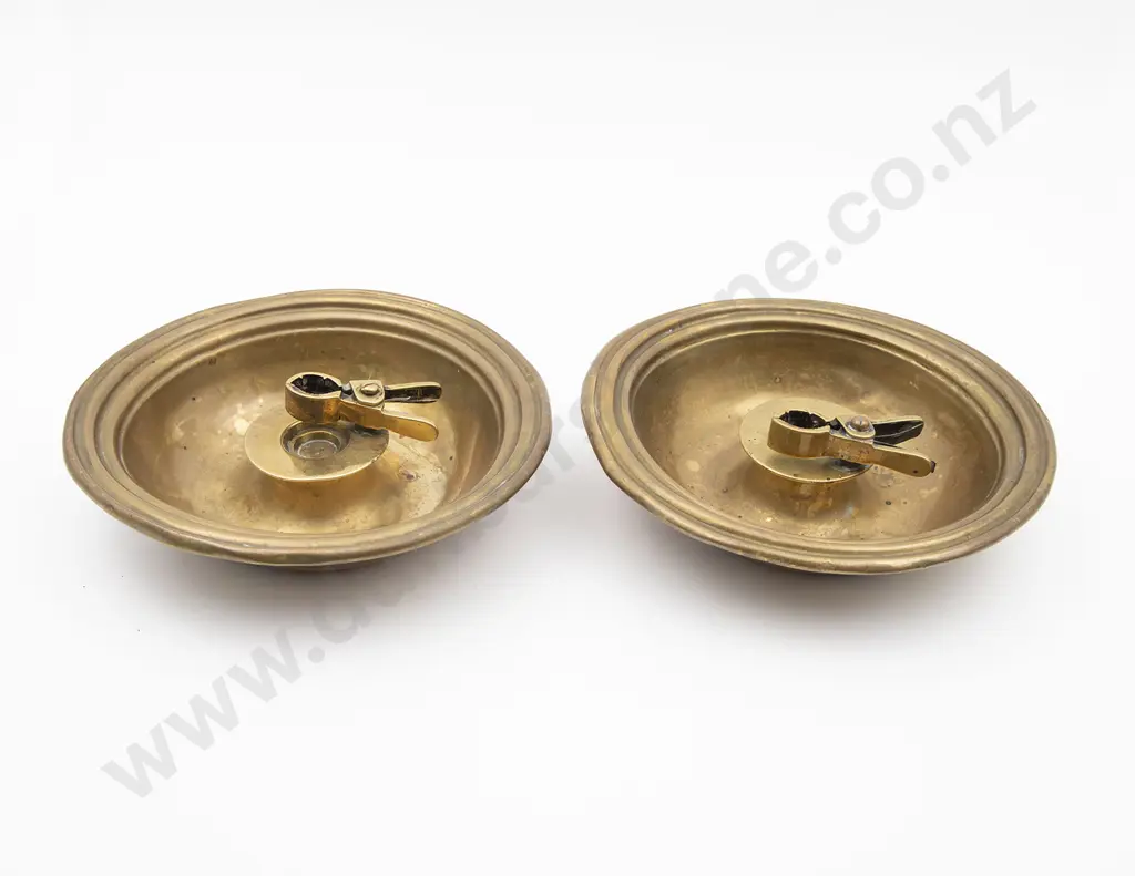 Unusual Pair Of Antique Brass Dished Candleholders Image 1++