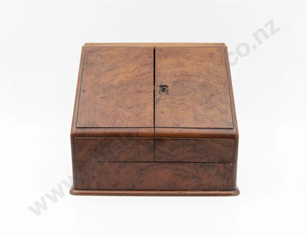 Vict Burr Walnut Wedge Shaped Stationery Box Image 1++