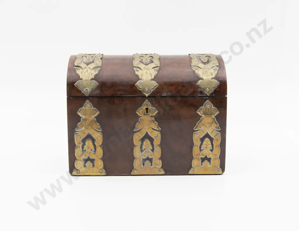 Vict Burr Walnut & Brass Bound Dome Top Jewellery Box Image 1++