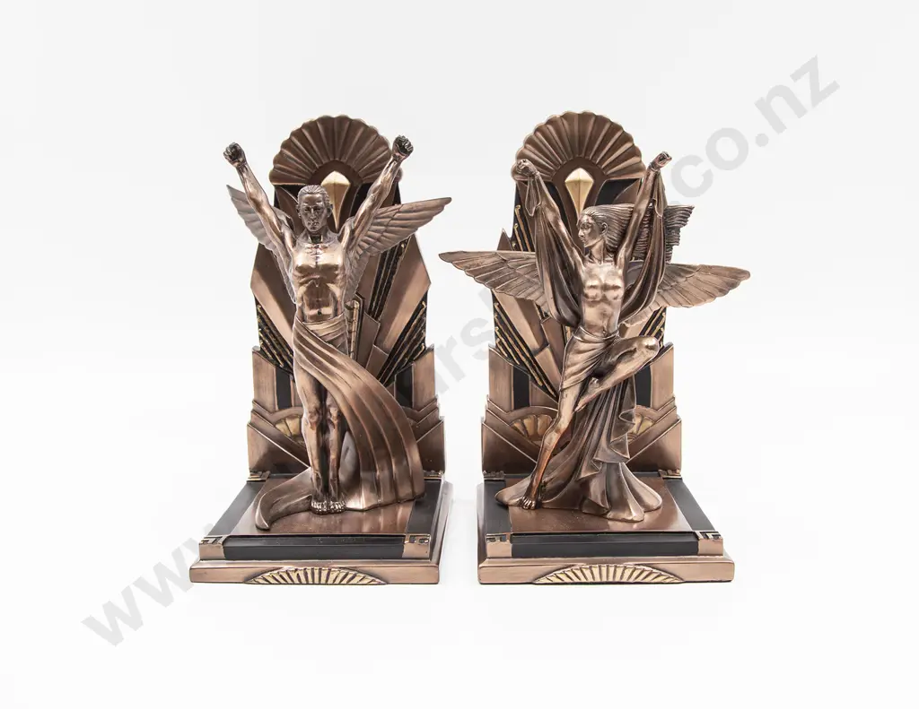 Modern Pair Fantasy Art Deco Style Metal on Resin Bookends Image 1++