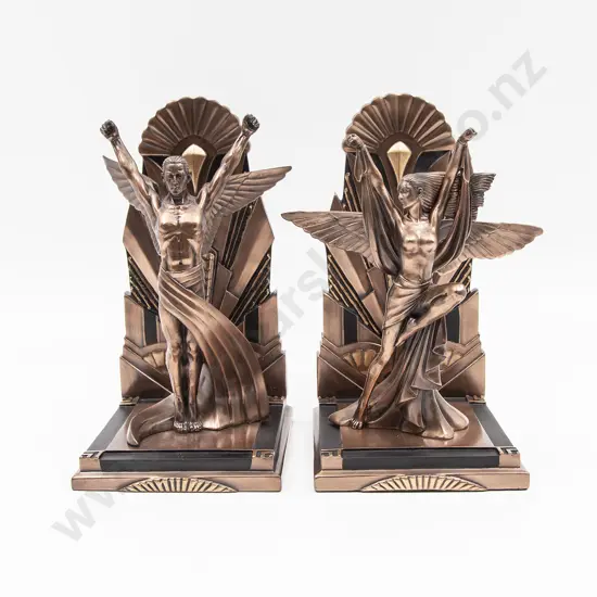 Modern Pair Fantasy Art Deco Style Metal on Resin Bookends