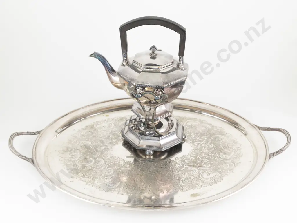 Art Deco S/Plate Spirit Kettle & Two Handled Oval Drinks Tray Image 1++