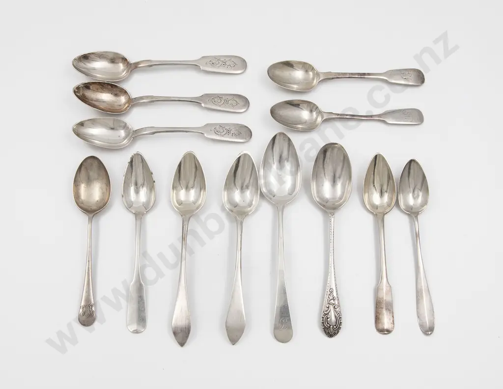 Collection Of Thirteen English & European Silver Tea & Dessert Spoons Image 1++
