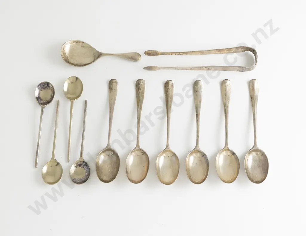 Six S/S Teaspoons, Geo III Sugar Tons, Caddy Spoon & Four S/Plate Coffee Spoons Image 1++