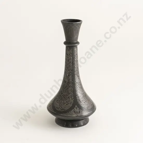 Late C19th Indian Bidriware Silver Inlaid Vase