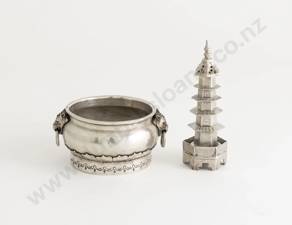 Chinese Silver Circular Salt & Pagoda Pepperette Image 1++