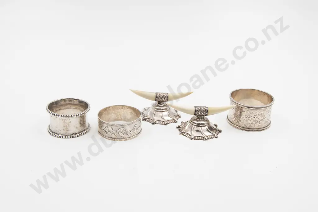 Pair Vict S/S & Ivory Knife Rests & Three S/S Napkin Rings Image 1++