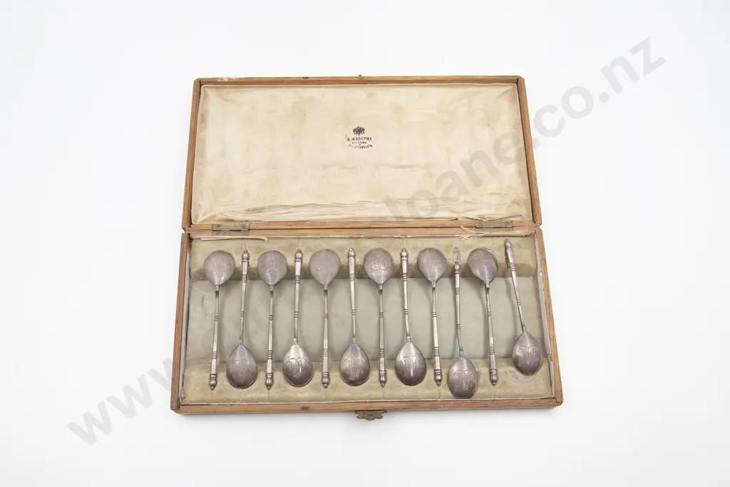 Cased Set Of Twelve Faberge .84 Silver Coffee Spoons Image 1++