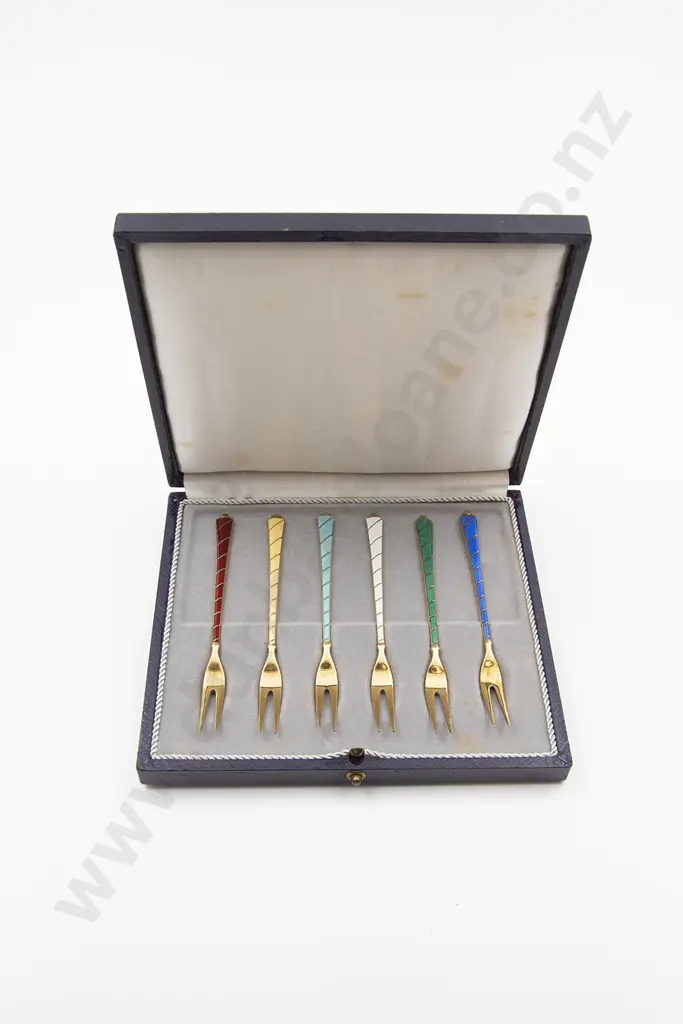 Cased Set Of Six Danish S/S Gilt & Enamel Pickle Forks Image 1++