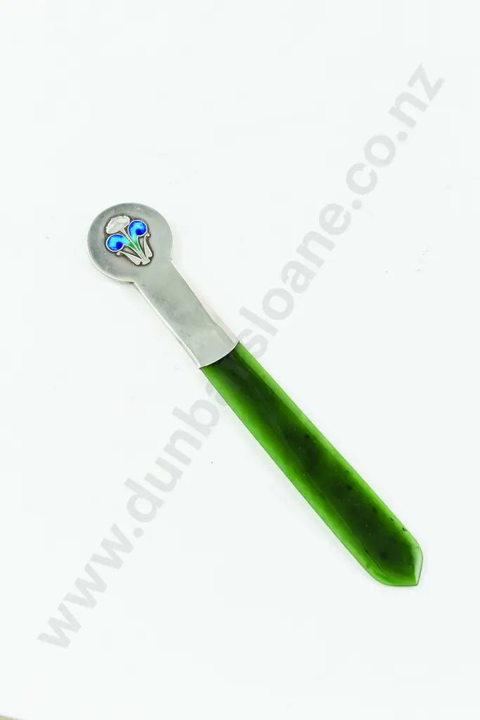 Art Nouveau Silver, Enamel & Greenstone Letter Opener In The Manner Of Liberty & Co Image 1++