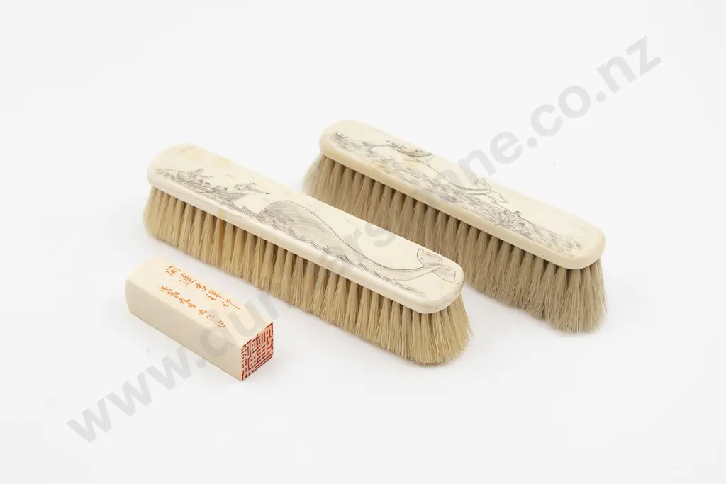 Two Antique Ivory Scrimshaw Backed Brushes Image 1++