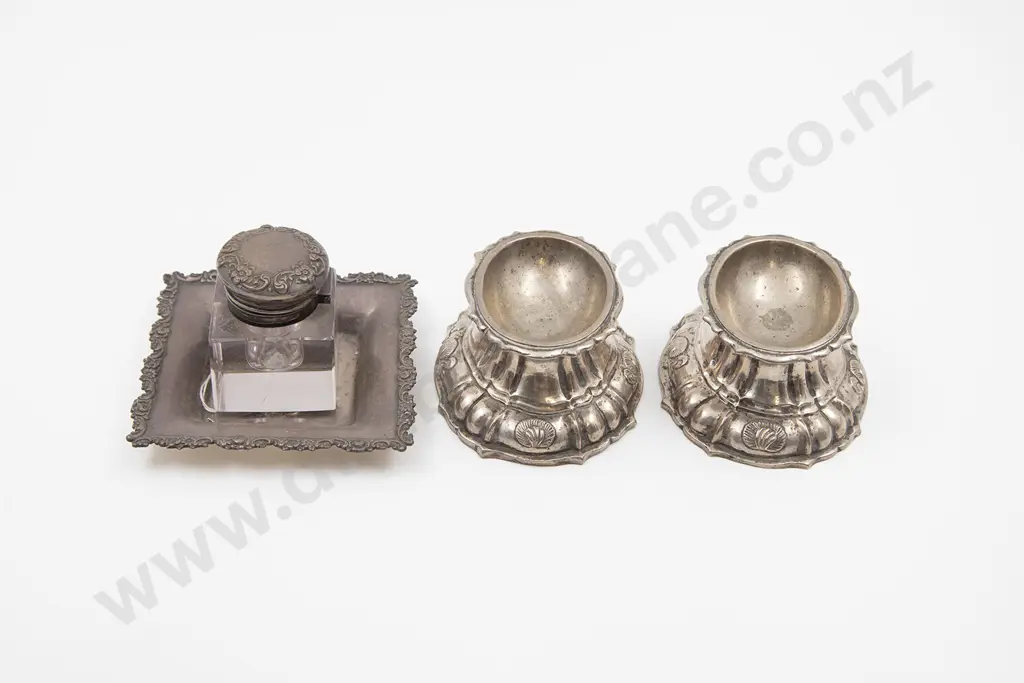 S/S Pin Dish & S/S Topped Inkwell & Pair S/Plate Salts Image 1++