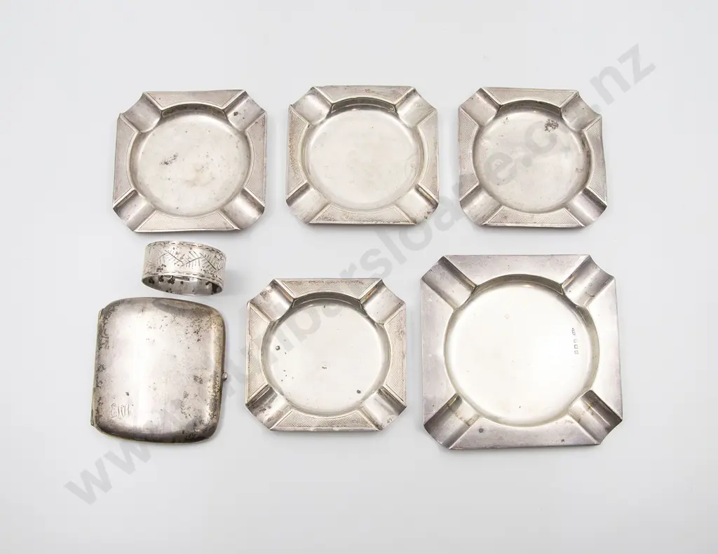 Five S/S Ashtrays Cigarette Case & Napkin Rings Image 1++