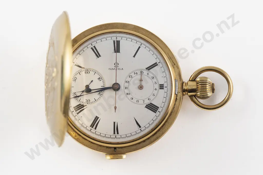 Omega 18ct Hunter Cased Lever Wind Chronograph Pocket Watch Image 1++