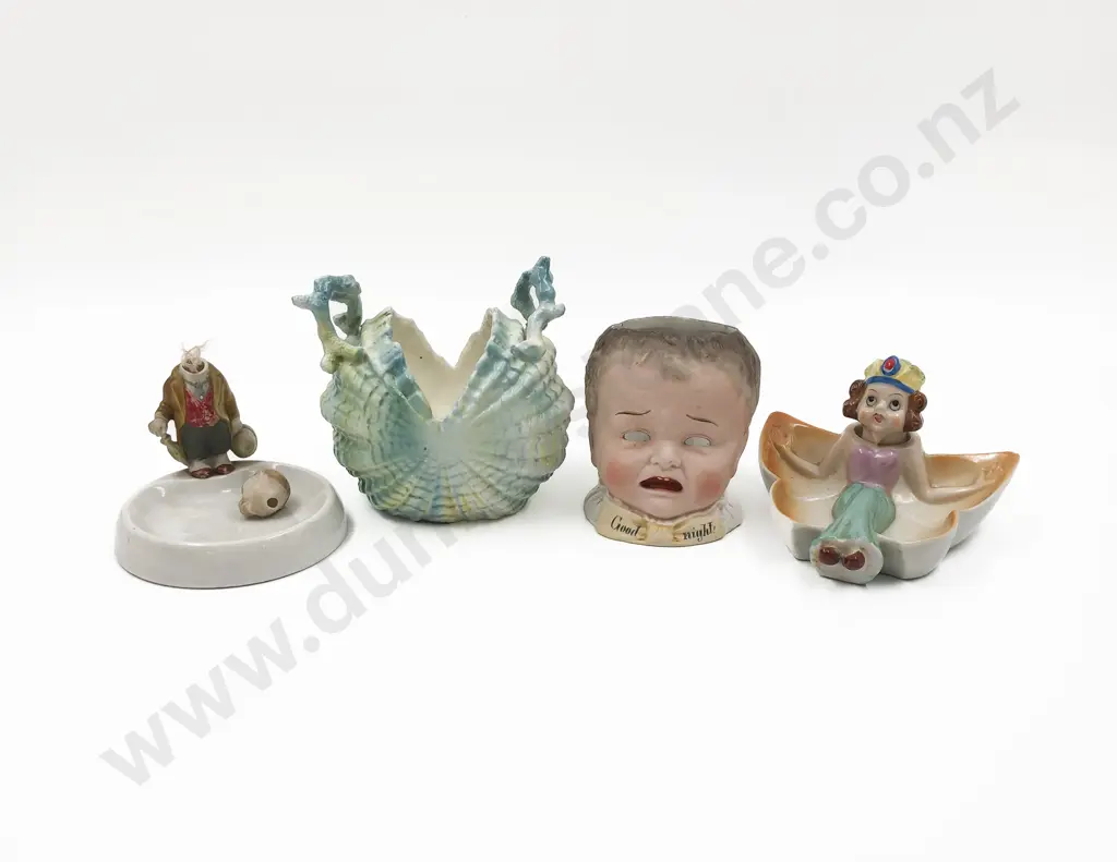 Victorian Bisque Novelty with Shell Form Vase and Two Novelty Vintage Ashtrays Image 1++
