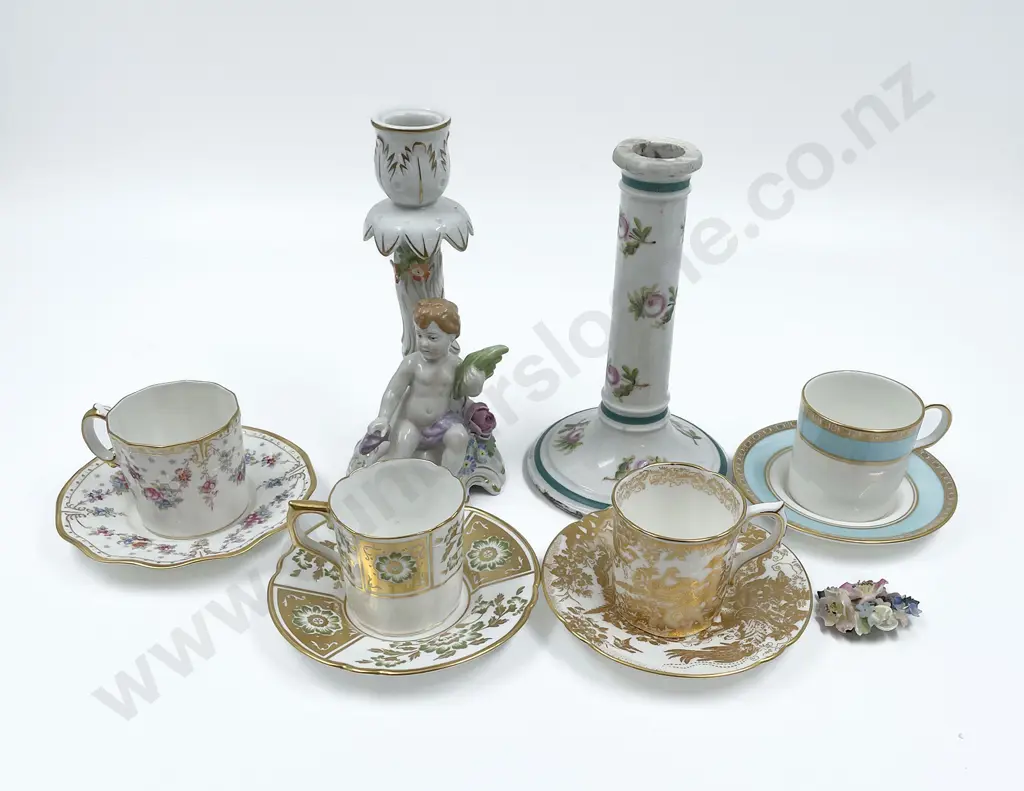 Nine RCD Demi Tasse Cups & Saucers with Two Ceramic Candlesticks & Brooch Image 1++