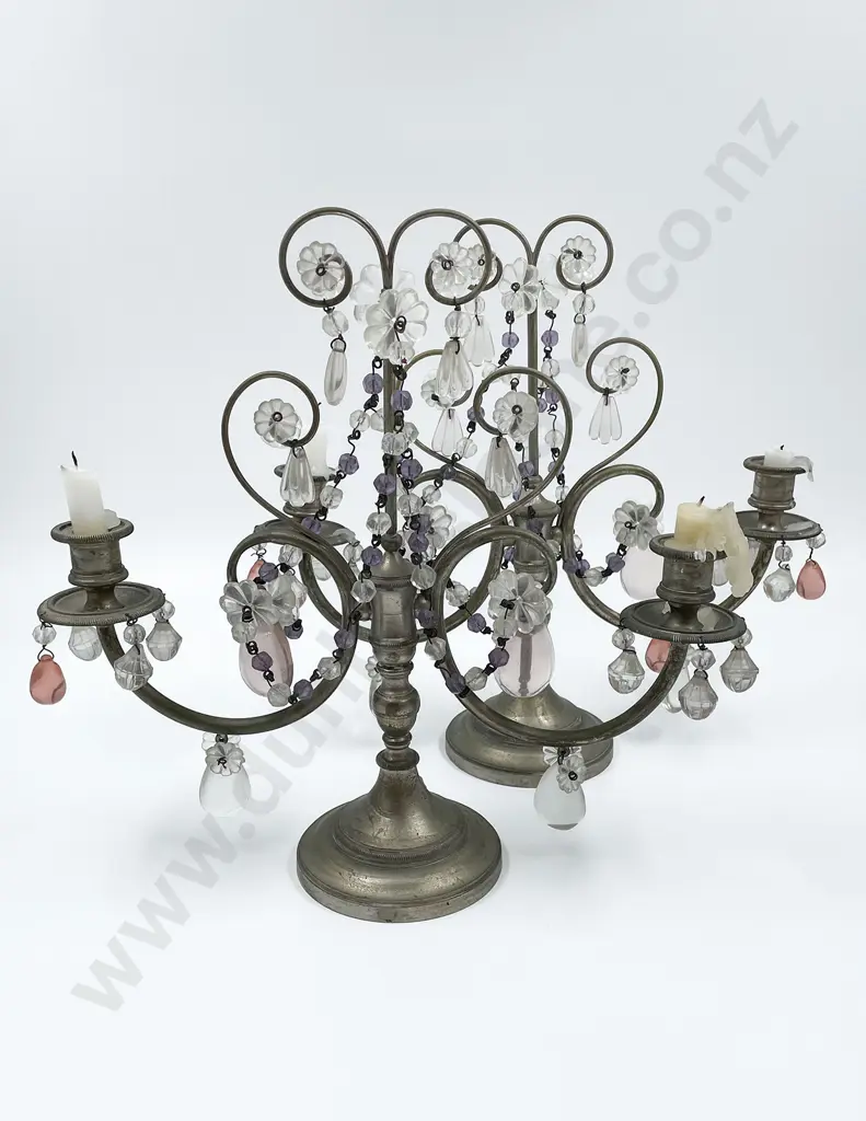 Pair of Two Light Candleabra with Glass Drops Image 1++