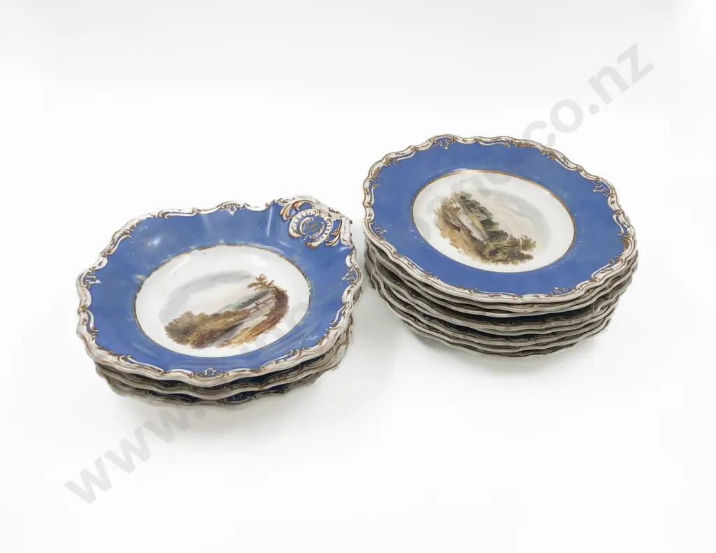 Victorian Copeland & Garret Hand Painted Dessert Service with 3 Serving Dishes & 8 Plates (worn) Image 1++