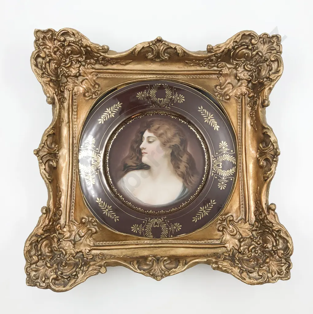 Gilt Framed Porcelain Plate with Central Edwardian Style Portrait Image 1++