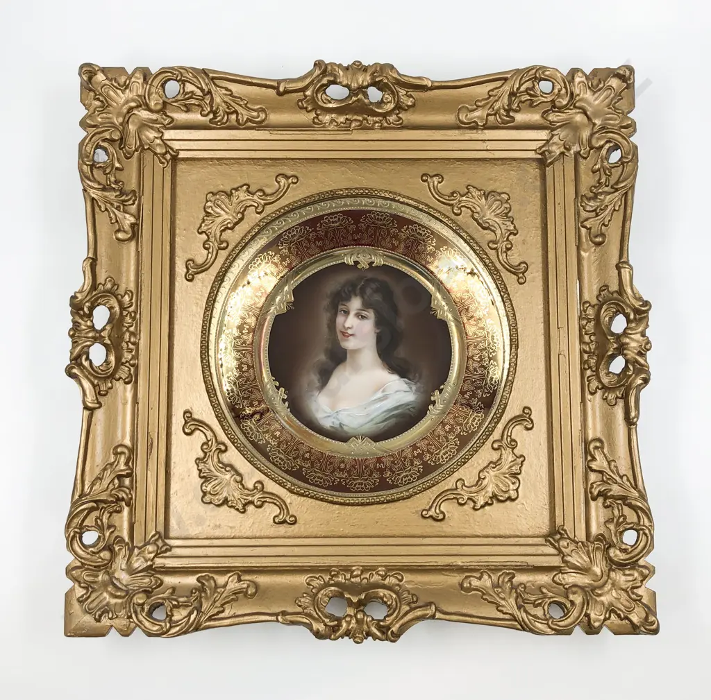 Gilt Framed Porcelain Plate with Central Edwardian Style Portrait Image 1++