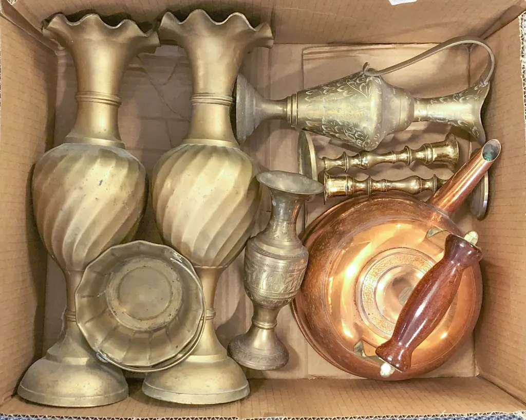 Box of Assorted Copper and Brass incl Kettle and Candlesticks Image 1++