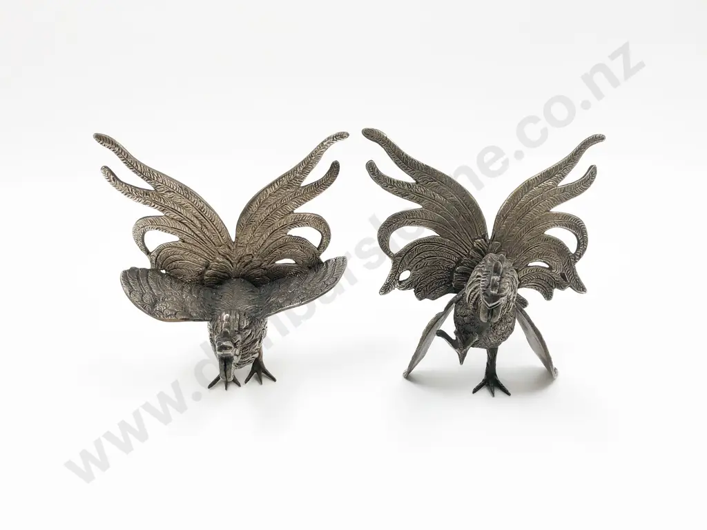 Pair of Small white Metal Cockerel Ornaments Image 1++