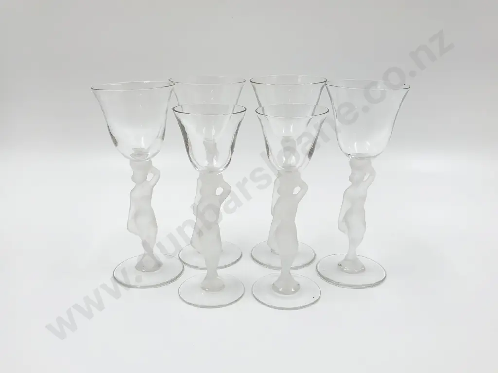 Four Sherry and Two Port Glasses with Frosted Goddess Form Stems Image 1++