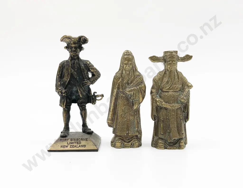 Two Cast Brass Figures of Chinese Nobles and Gisborne Souvenir Figure Image 1++