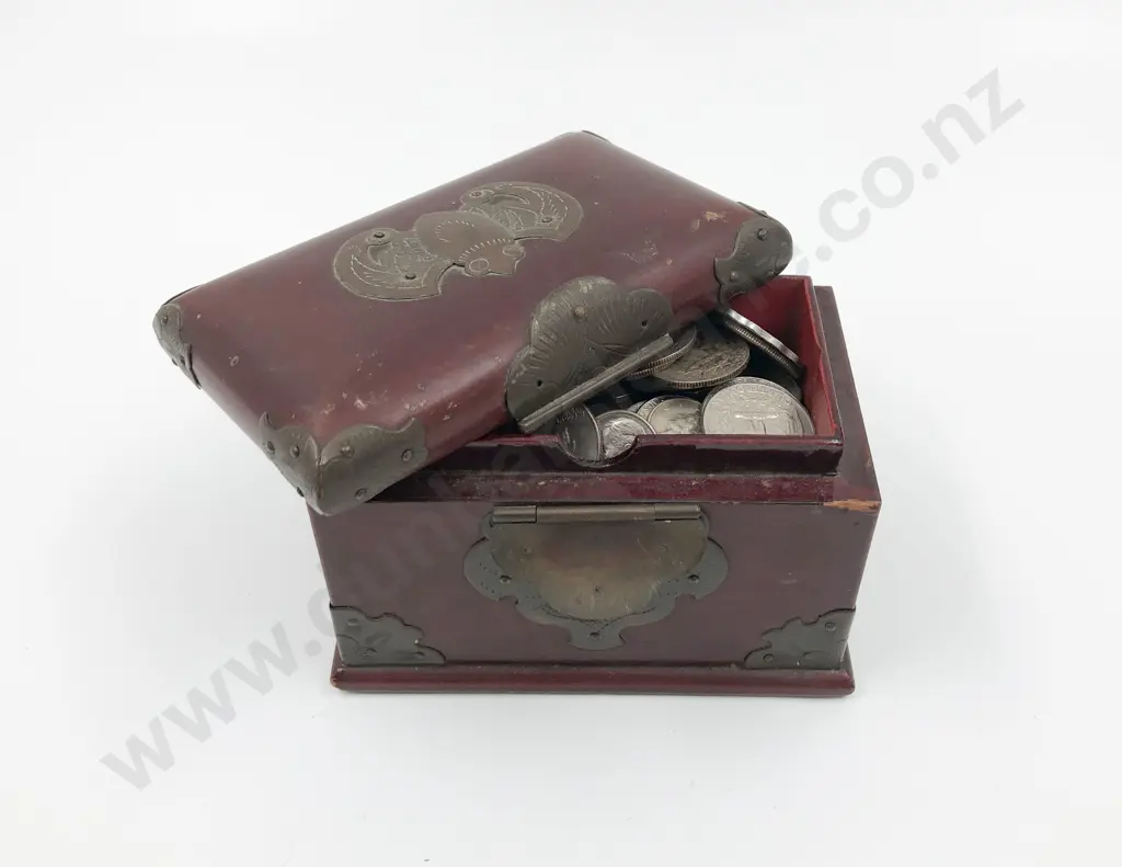 Small Metal Bound Wooden Box with Mixed Coinage Image 1++