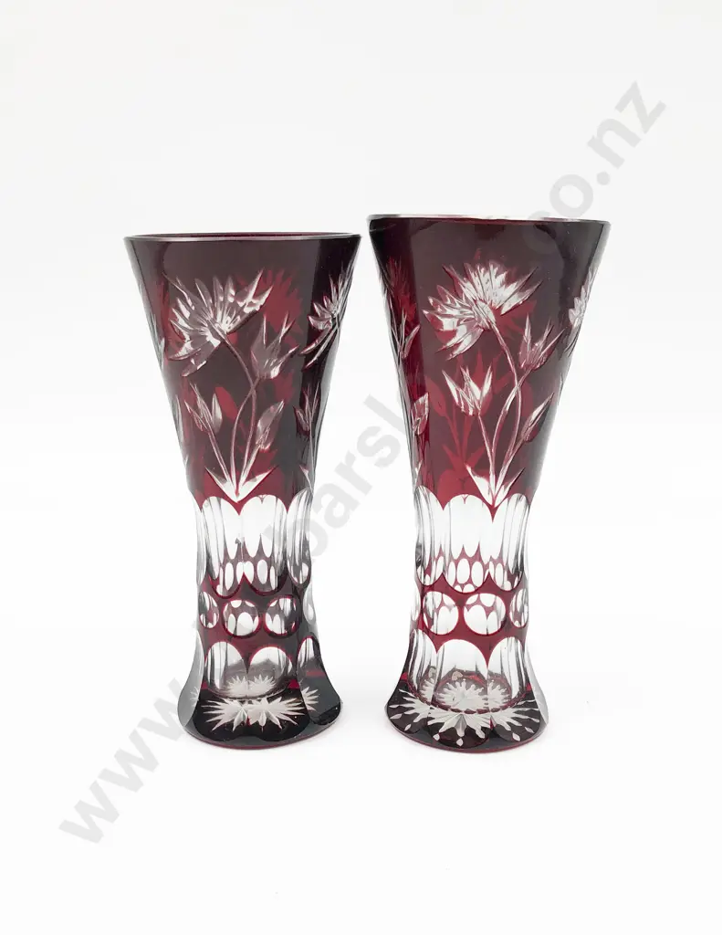 Pair of Flash Cut Ruby Glass Vases in Box Image 1++