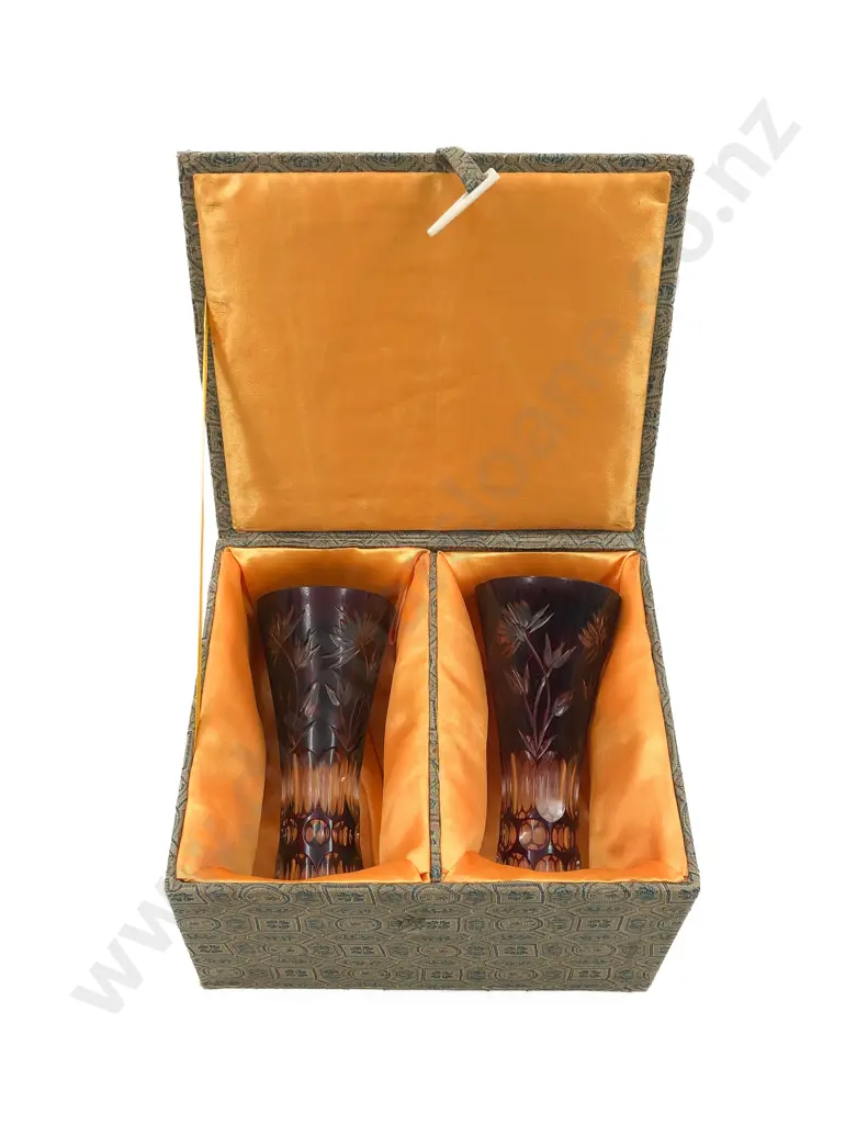 Pair of Flash Cut Ruby Glass Vases in Box Image 1++