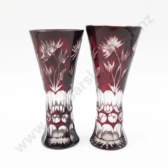 Pair of Flash Cut Ruby Glass Vases in Box