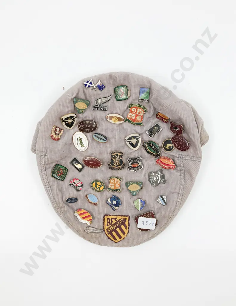 Cheesecutter Hat With Assorted Rugby Themed Badges Image 1++