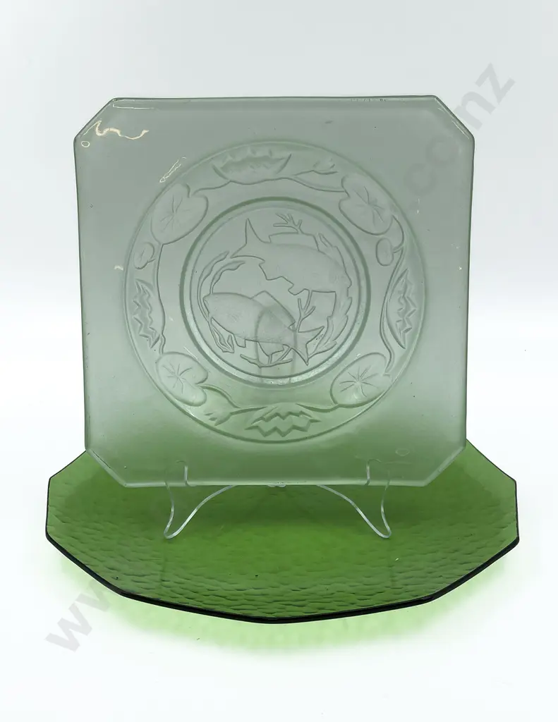 Pressed Glass Fish Plate Together With Other Green Glass Platter Image 1++
