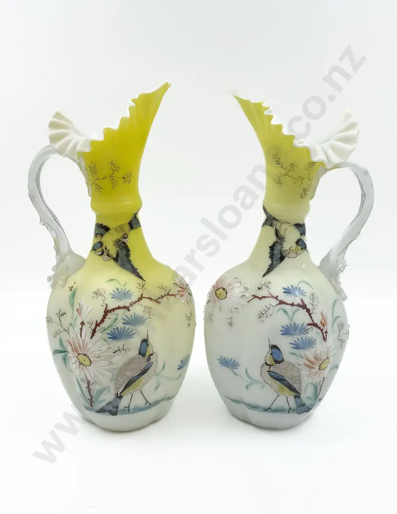 Pair of Hand Painted Art Glass Jugs Image 1++