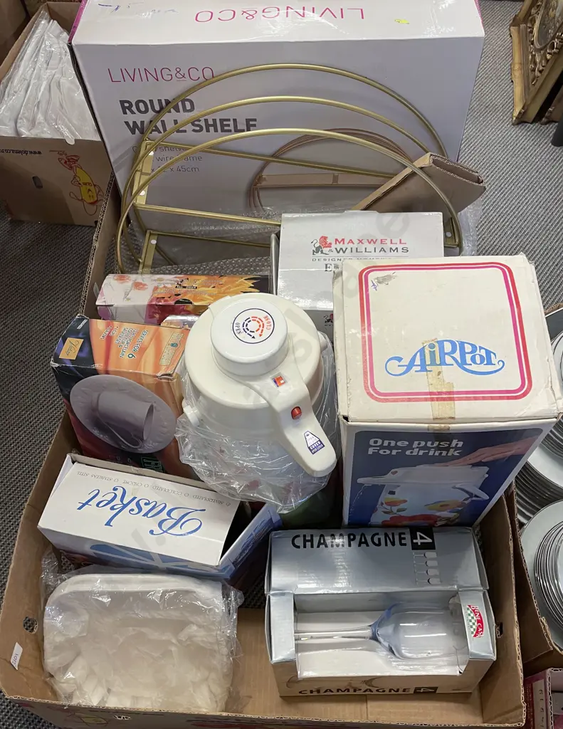 Two Boxes of Assorted Incl. Wall Shelf and Boxed Glassware Etc. Image 1++