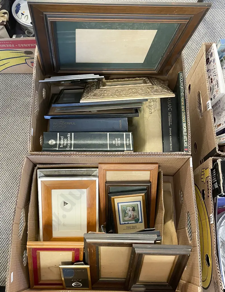 Two Boxes of Assorted Books and Empty Frames Image 1++