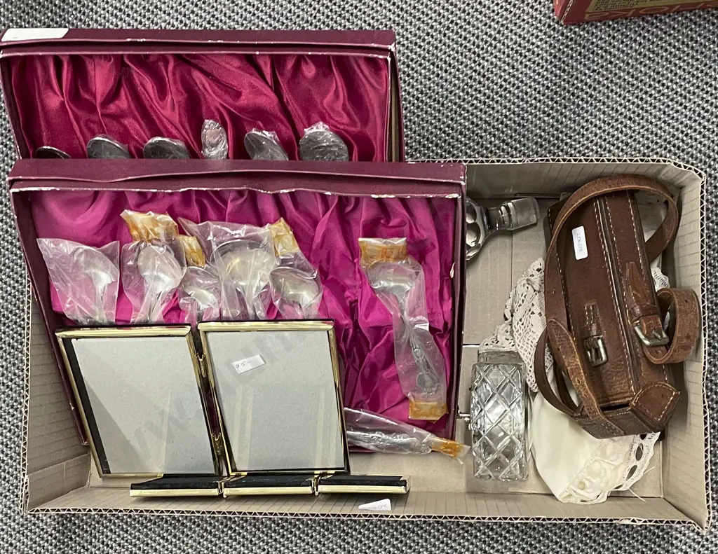 Box of Assorted Cutlery and Picture Frames Etc. Image 1++